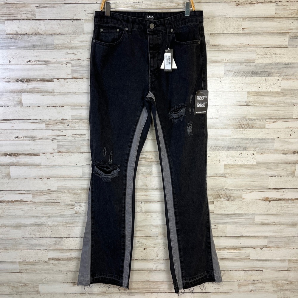 NEW boohooMAN Jeans Men 32 Black Denim Tall Slim Flare Distressed Gusset Panel